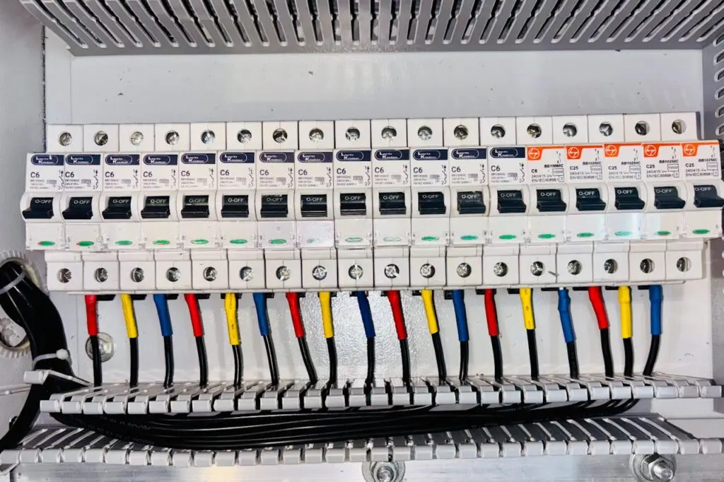 Elcentral med automatsäkringar och färgkodat kablage för styr- och reglerinstallation