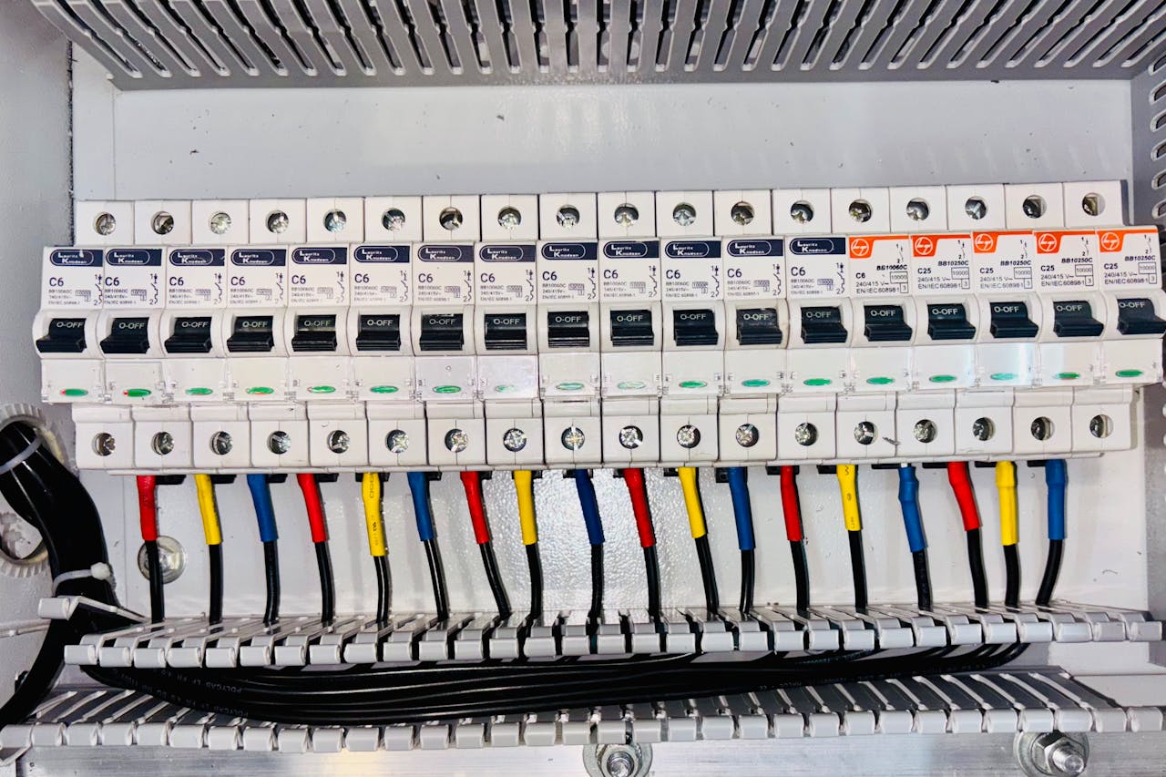 Elcentral med automatsäkringar och färgkodat kablage för styr- och reglerinstallation